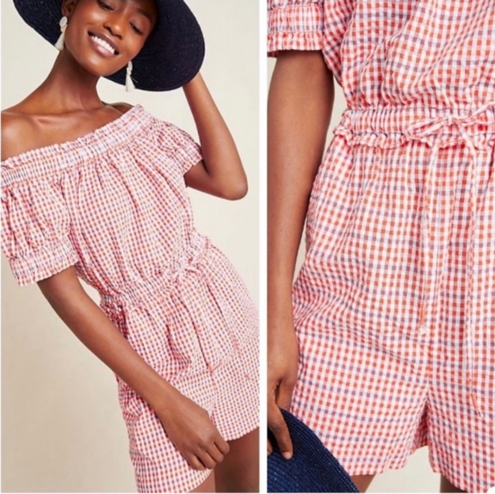 NWT Anthropologie Seer Sucker Gingham Off The Shoulder Romper.